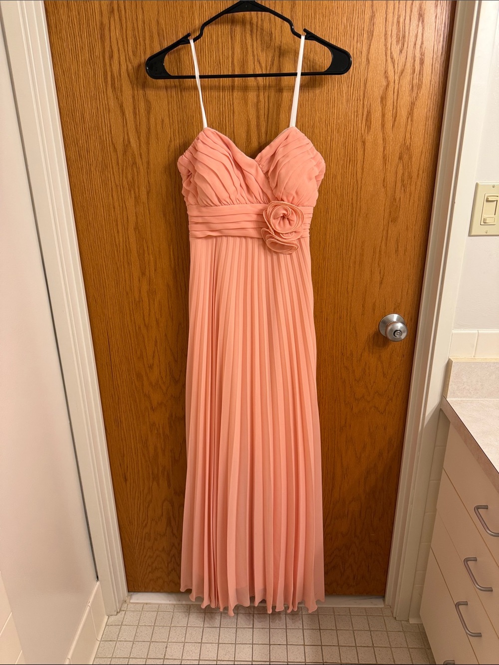 Betsy & Adam Pleated Coral Chiffon Maxi Dress with Floral Waist Detail, like new